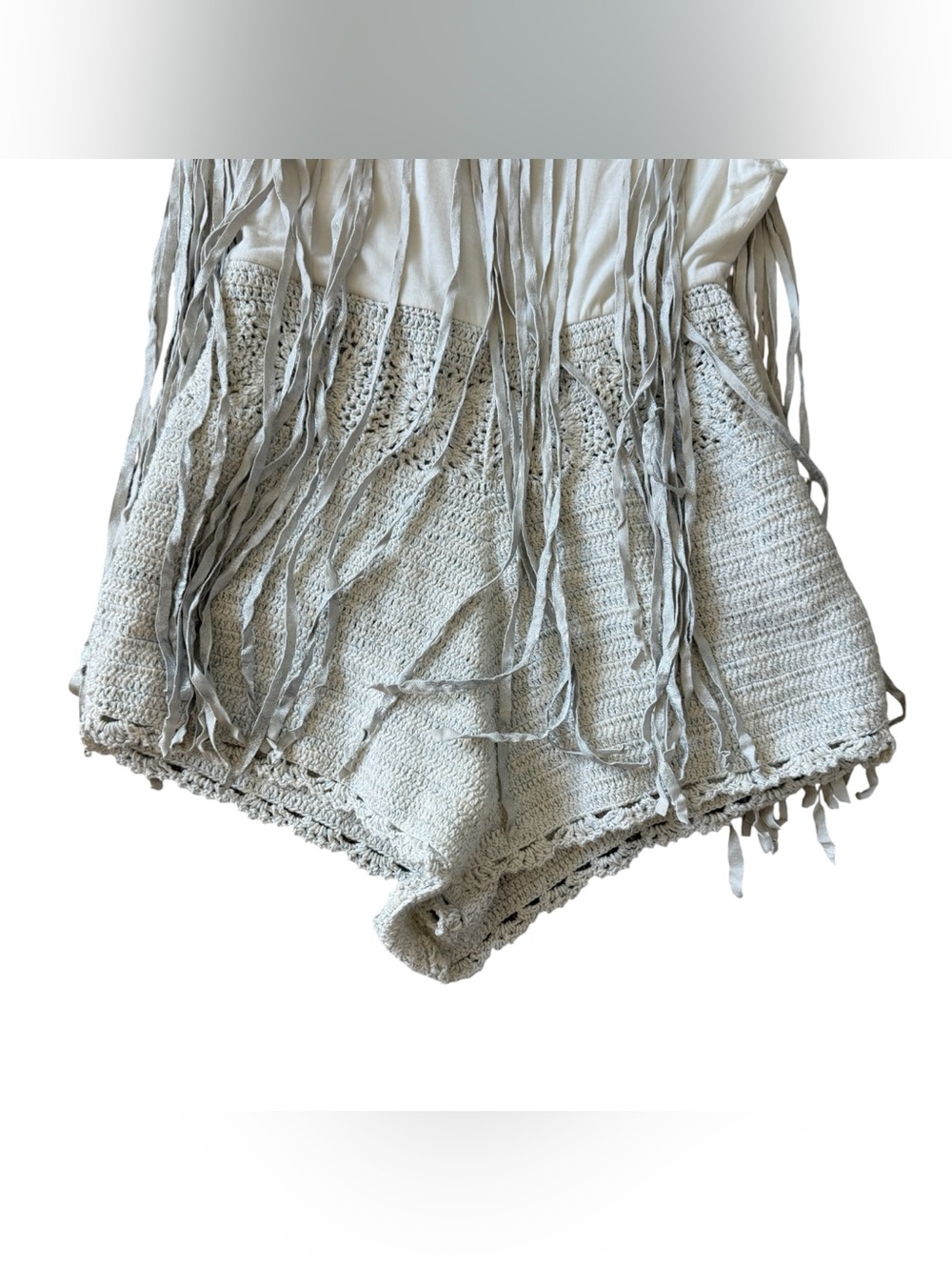 Free People Cream Crochet Fringe Leather Boho Festival Romper Shorts Western L - Picture 5 of 15